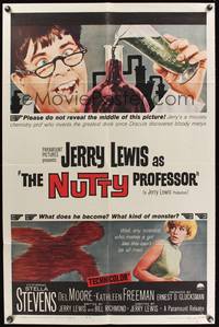 9p568 NUTTY PROFESSOR 1sh '63 wacky Jerry Lewis directs & stars w/pretty Stella Stevens!