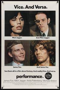 9p623 PERFORMANCE 1sh '70 directed by Nicolas Roeg, Mick Jagger & James Fox trading roles!