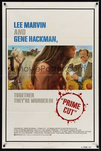 9p639 PRIME CUT style A 1sh '72 Lee Marvin w/machine gun, Gene Hackman w/cleaver, Jung art!