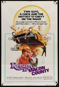 9p685 RETURN TO MACON COUNTY 1sh '75 Kinyon art of Nick Nolte, Don Johnson & hottest '57 Chevy!