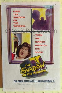 9p742 SHADOW ON THE WINDOW 1sh '57 super close up of Betty Garrett scared for her life!