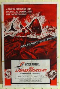 9p748 SHARKFIGHTERS 1sh '56 Victor Mature, great artwork of man with knife against tiger sharks!