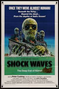 9p753 SHOCK WAVES 1sh '77 Peter Cushing, cool art of wacky ocean zombies terrorizing boat!