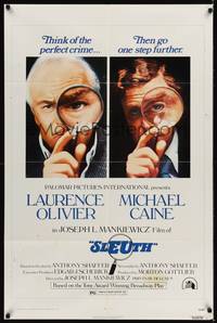 9p775 SLEUTH 1sh '72 close-ups of Laurence Olivier & Michael Caine with magnifying glasses!