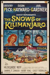 9p779 SNOWS OF KILIMANJARO 1sh '52 art of Gregory Peck, Susan Hayward & Ava Gardner in Africa!
