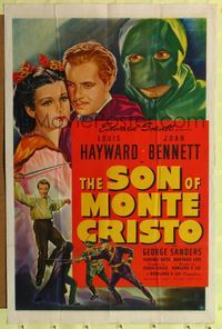 9p789 SON OF MONTE CRISTO 1sh '40 art of Louis Hayward, Joan Bennett & masked avenger!