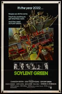 9p793 SOYLENT GREEN 1sh '73 art of Charlton Heston trying to escape riot control by John Solie!