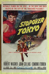9p816 STOPOVER TOKYO 1sh '57 artwork of sexy Joan Collins & spy Robert Wagner in Japan!