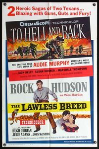 9p893 TO HELL & BACK/LAWLESS BREED 1sh '60 Texans Audie Murphy & Rock Hudson!