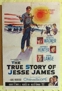 9p909 TRUE STORY OF JESSE JAMES 1sh '57 Nicholas Ray, Robert Wagner, Jeffrey Hunter, Hope Lange