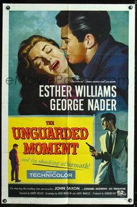 9p923 UNGUARDED MOMENT 1sh '56 close up art of teacher Esther Williams threatened by George Nader!