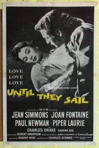9p925 UNTIL THEY SAIL 1sh '57 great romantic close up of Paul Newman & sexy Jean Simmons!