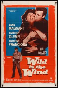 9p966 WILD IS THE WIND 1sh '58 Anthony Quinn, Tony Franciosa embracing sexy Anna Magnani!