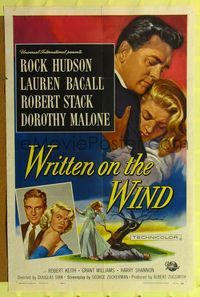 9p981 WRITTEN ON THE WIND 1sh '56 Brown art of sexy Lauren Bacall with Rock Hudson & Robert Stack!