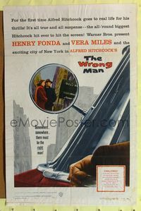 9p983 WRONG MAN 1sh '57 Henry Fonda, Vera Miles, Alfred Hitchcock, cool rear view mirror art!