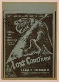 9r111 LOST CONTINENT herald '51 cool art of modern man against prehistoric monster!