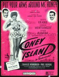 9r225 CONEY ISLAND sheet music '43 Betty Grable, Cesar Romero, Put Your Arms Around Me Honey!