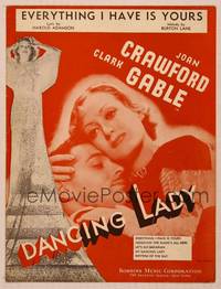 9r226 DANCING LADY sheet music '33 wonderful close up of Joan Crawford & Clark Gable!
