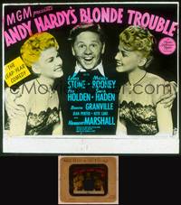9s083 ANDY HARDY'S BLONDE TROUBLE glass slide '44 Mickey Rooney between two pretty blondes!