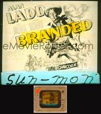 9s089 BRANDED glass slide '50 great artwork image of tough cowboy Alan Ladd with gun in hand!