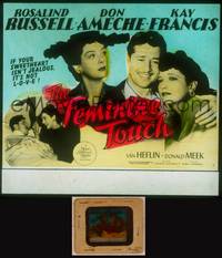 9s103 FEMININE TOUCH glass slide '41 Don Ameche between pretty Rosalind Russell & Kay Francis!