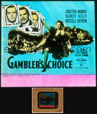 9s108 GAMBLER'S CHOICE glass slide '44 Chester Morris on playing card & sexy showgirl Nancy Kelly!