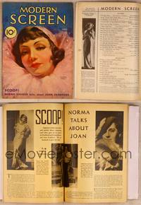 9s058 MODERN SCREEN magazine April 1932, art of Claudette Colbert in really wild pink outfit!