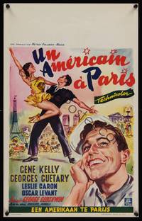 9t334 AMERICAN IN PARIS Belgian '51 wonderful Wik art of Gene Kelly dancing with sexy Leslie Caron