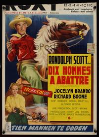9t439 TEN WANTED MEN Belgian '54 cool artwork of cowboy Randolph Scott on horseback!