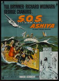 9t047 FLIGHT FROM ASHIYA Danish '64 Wenzel art of Brynner & cast in peril at sea, Richard Widmark!
