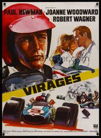 9t649 WINNING French 23x32 '69 Paul Newman, Joanne Woodward, Indy car racing art by Busserko!