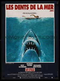 9t515 JAWS French 15x21 '75 art of Steven Spielberg's classic man-eating shark attacking swimmer!