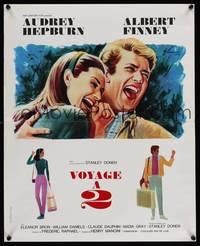 9t564 TWO FOR THE ROAD French 18x22 '67 art of laughing Audrey Hepburn & Albert Finney by Grinsson