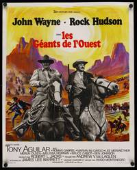 9t565 UNDEFEATED French 18x22 '69 John Wayne & Rock Hudson, wonderful Grinsson landscape art!