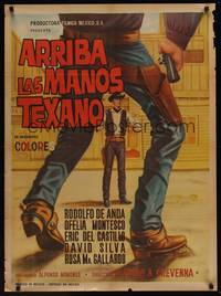 9t065 ARRIBA LAS MANOS TEXANO Mexican poster '69 Rodolfo De Anda, cool western gunfight art!