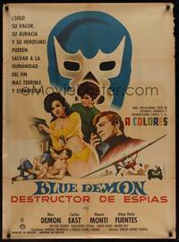 9t068 BLUE DEMON DESTRUCTOR DE ESPIAS Mexican poster '68 Mendoza artwork, masked wrestler!