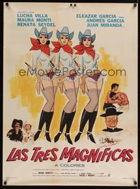 9t107 LAS TRES MAGNIFICAS Mexican poster '70 great artwork of three sexy cowgirls!
