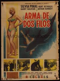 9t119 SHARK Mexican poster '69 Sam Fuller, Mendoza art of sexy Silvia Pinal, shark attack!