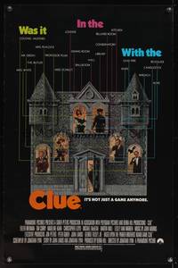 9v061 CLUE 1sh '85 Madeline Kahn, Tim Curry, Christopher Lloyd, cool board game poster design!