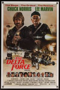 9v087 DELTA FORCE 1sh '86 cool art of Chuck Norris & Lee Marvin firing guns by S. Watts!