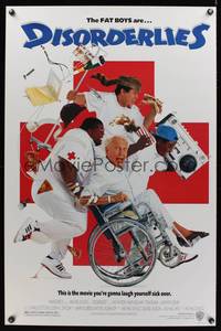 9v100 DISORDERLIES 1sh '87 great wacky image of The Fat Boys pushing Ralph Bellamy in wheelchair!