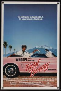 9v137 FATAL BEAUTY 1sh '87 cool image of detective Whoopi Goldberg in pink Mustang convertible!