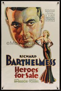 9v005 HEROES FOR SALE 1sh '33 sexiest art of Loretta Young & veteran-turned-addict Barthelmess!