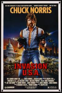 9v257 INVASION U.S.A. 1sh '85 great artwork of Chuck Norris with machine guns by Watts!