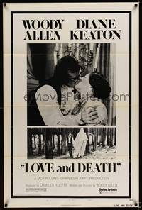 9v303 LOVE & DEATH style B 1sh '75 Woody Allen & Diane Keaton romantic kiss close up!