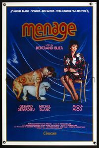 9v317 MENAGE 1sh '86 Tenue de Soiree, really outrageous image of Miou-Miou sitting with dogs!