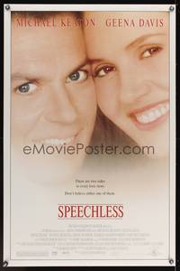 9v415 SPEECHLESS DS 1sh '94 super close up of Michael Keaton & Geena Davis smiling big!