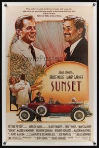 9v435 SUNSET 1sh '88 Blake Edwards, great Drew Struzan art of Bruce Willis & James Garner!