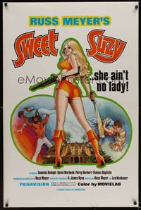 9v438 SWEET SUZY 1sh '73 Russ Meyer, art if sexuest Anouska Hempel with gun, she ain't no lady!
