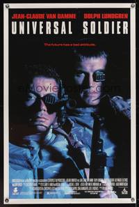 9v469 UNIVERSAL SOLDIER video 1sh '92 great close up of Jean-Claude Van Damme & Dolph Lundgren!